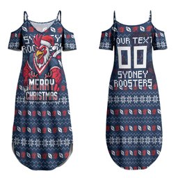 Personalized Sydney Roosters Christmas Couples Matching Summer Maxi Dress and Long Sleeve Button Shirt Australian Rugby Fans - Pixelated Ugly Xmas Pattern Mascot Santa