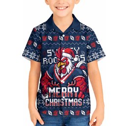 Personalized Sydney Roosters Christmas Kid Hawaiian Shirt Australian Rugby Fans - Pixelated Ugly Xmas Pattern Mascot Santa