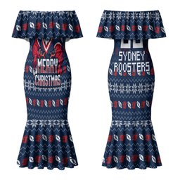 Personalized Sydney Roosters Christmas Couples Matching Mermaid Dress and Long Sleeve Button Shirt Australian Rugby Fans - Pixelated Ugly Xmas Pattern Mascot Santa
