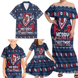 Personalized Sydney Roosters Christmas Family Matching Off Shoulder Maxi Dress and Hawaiian Shirt Australian Rugby Fans - Pixelated Ugly Xmas Pattern Mascot Santa