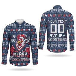 Personalized Sydney Roosters Christmas Couples Matching Tank Maxi Dress and Long Sleeve Button Shirt Australian Rugby Fans - Pixelated Ugly Xmas Pattern Mascot Santa