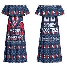 Personalized Sydney Roosters Christmas Family Matching Off Shoulder Maxi Dress and Hawaiian Shirt Australian Rugby Fans - Pixelated Ugly Xmas Pattern Mascot Santa