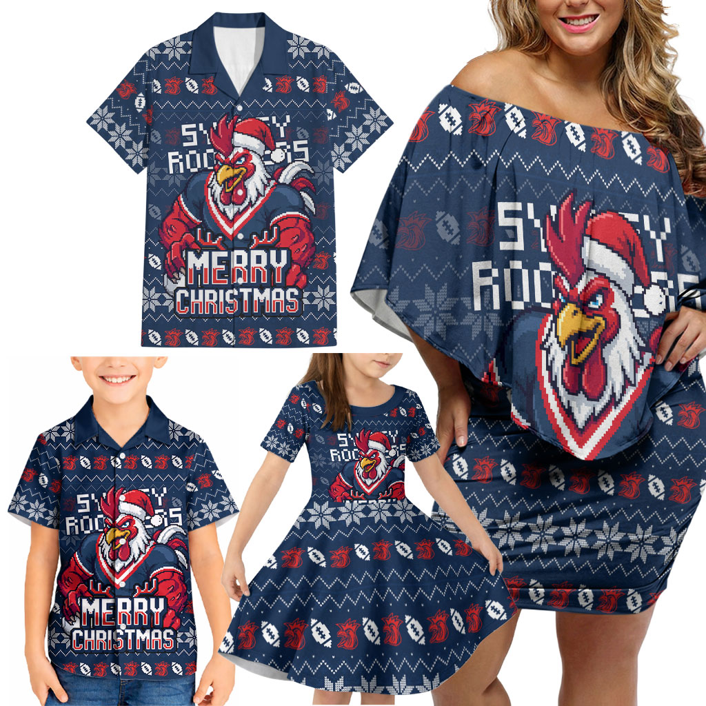 Personalized Sydney Roosters Christmas Family Matching Off Shoulder Short Dress and Hawaiian Shirt Australian Rugby Fans - Pixelated Ugly Xmas Pattern Mascot Santa