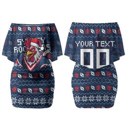 Personalized Sydney Roosters Christmas Family Matching Off Shoulder Short Dress and Hawaiian Shirt Australian Rugby Fans - Pixelated Ugly Xmas Pattern Mascot Santa
