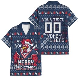 Personalized Sydney Roosters Christmas Family Matching Off Shoulder Maxi Dress and Hawaiian Shirt Australian Rugby Fans - Pixelated Ugly Xmas Pattern Mascot Santa