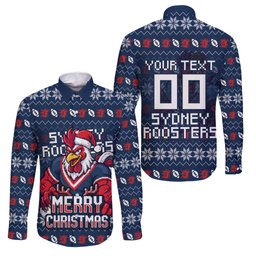 Personalized Sydney Roosters Christmas Family Matching Off Shoulder Maxi Dress and Hawaiian Shirt Australian Rugby Fans - Pixelated Ugly Xmas Pattern Mascot Santa