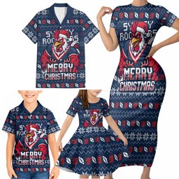 Personalized Sydney Roosters Christmas Family Matching Short Sleeve Bodycon Dress and Hawaiian Shirt Australian Rugby Fans - Pixelated Ugly Xmas Pattern Mascot Santa
