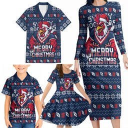 Personalized Sydney Roosters Christmas Family Matching Long Sleeve Bodycon Dress and Hawaiian Shirt Australian Rugby Fans - Pixelated Ugly Xmas Pattern Mascot Santa
