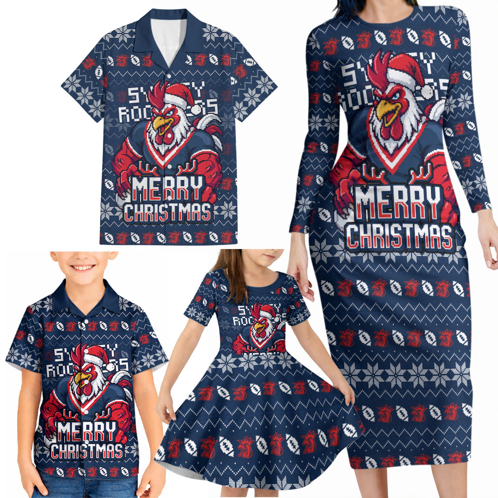 Personalized Sydney Roosters Christmas Family Matching Long Sleeve Bodycon Dress and Hawaiian Shirt Australian Rugby Fans - Pixelated Ugly Xmas Pattern Mascot Santa
