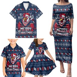 Personalized Sydney Roosters Christmas Family Matching Puletasi and Hawaiian Shirt Australian Rugby Fans - Pixelated Ugly Xmas Pattern Mascot Santa