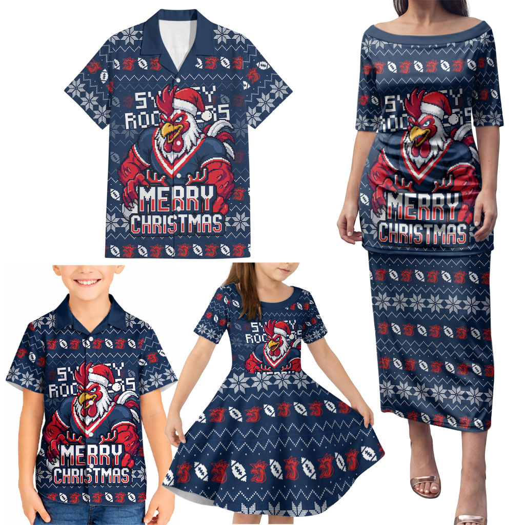 Personalized Sydney Roosters Christmas Family Matching Puletasi and Hawaiian Shirt Australian Rugby Fans - Pixelated Ugly Xmas Pattern Mascot Santa