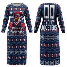 Personalized Sydney Roosters Christmas Family Matching Long Sleeve Bodycon Dress and Hawaiian Shirt Australian Rugby Fans - Pixelated Ugly Xmas Pattern Mascot Santa