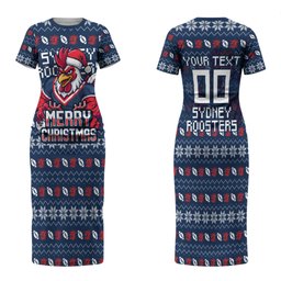 Personalized Sydney Roosters Christmas Family Matching Short Sleeve Bodycon Dress and Hawaiian Shirt Australian Rugby Fans - Pixelated Ugly Xmas Pattern Mascot Santa