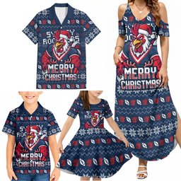 Personalized Sydney Roosters Christmas Family Matching Summer Maxi Dress and Hawaiian Shirt Australian Rugby Fans - Pixelated Ugly Xmas Pattern Mascot Santa