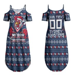 Personalized Sydney Roosters Christmas Family Matching Summer Maxi Dress and Hawaiian Shirt Australian Rugby Fans - Pixelated Ugly Xmas Pattern Mascot Santa