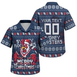 Personalized Sydney Roosters Christmas Family Matching Long Sleeve Bodycon Dress and Hawaiian Shirt Australian Rugby Fans - Pixelated Ugly Xmas Pattern Mascot Santa