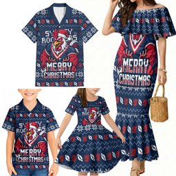 Personalized Sydney Roosters Christmas Family Matching Mermaid Dress and Hawaiian Shirt Australian Rugby Fans - Pixelated Ugly Xmas Pattern Mascot Santa