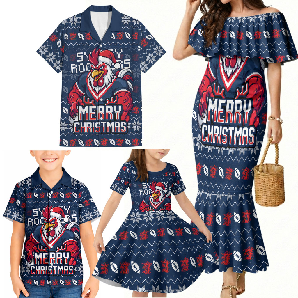 Personalized Sydney Roosters Christmas Family Matching Mermaid Dress and Hawaiian Shirt Australian Rugby Fans - Pixelated Ugly Xmas Pattern Mascot Santa