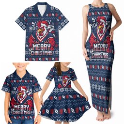 Personalized Sydney Roosters Christmas Family Matching Tank Maxi Dress and Hawaiian Shirt Australian Rugby Fans - Pixelated Ugly Xmas Pattern Mascot Santa