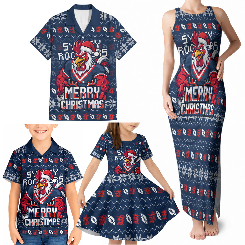 Personalized Sydney Roosters Christmas Family Matching Tank Maxi Dress and Hawaiian Shirt Australian Rugby Fans - Pixelated Ugly Xmas Pattern Mascot Santa