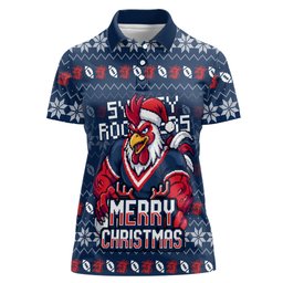 Personalized Sydney Roosters Christmas Women Polo Shirt Australian Rugby Fans - Pixelated Ugly Xmas Pattern Mascot Santa