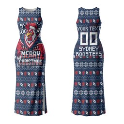 Personalized Sydney Roosters Christmas Family Matching Tank Maxi Dress and Hawaiian Shirt Australian Rugby Fans - Pixelated Ugly Xmas Pattern Mascot Santa