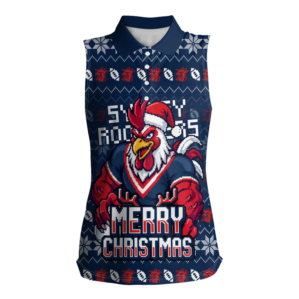 Personalized Sydney Roosters Christmas Women Sleeveless Polo Shirt Australian Rugby Fans - Pixelated Ugly Xmas Pattern Mascot Santa