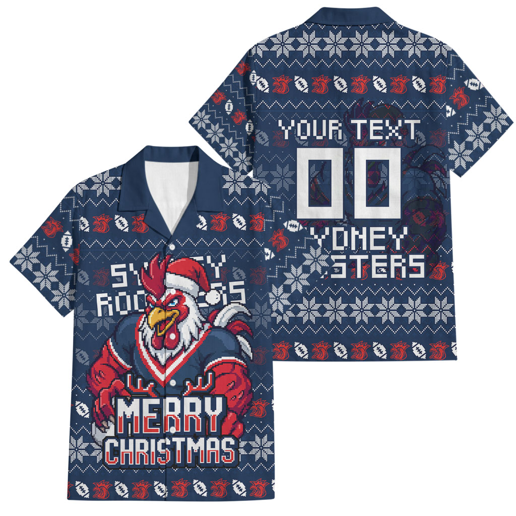 Personalized Sydney Roosters Christmas Family Matching Tank Maxi Dress and Hawaiian Shirt Australian Rugby Fans - Pixelated Ugly Xmas Pattern Mascot Santa
