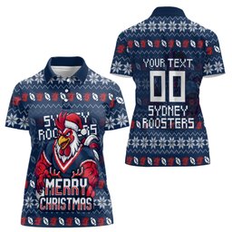 Personalized Sydney Roosters Christmas Women Polo Shirt Australian Rugby Fans - Pixelated Ugly Xmas Pattern Mascot Santa