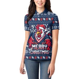 Personalized Sydney Roosters Christmas Women Polo Shirt Australian Rugby Fans - Pixelated Ugly Xmas Pattern Mascot Santa