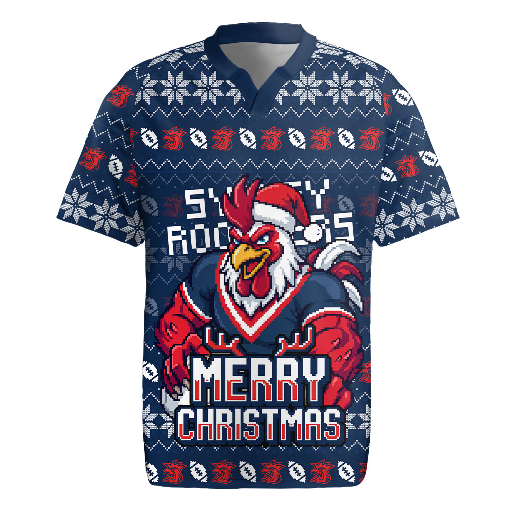 Personalized Sydney Roosters Christmas Rugby Jersey Australian Rugby Fans - Pixelated Ugly Xmas Pattern Mascot Santa