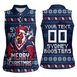 Personalized Sydney Roosters Christmas Women Sleeveless Polo Shirt Australian Rugby Fans - Pixelated Ugly Xmas Pattern Mascot Santa