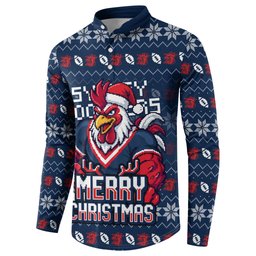 Personalized Sydney Roosters Christmas Button Sweatshirt Australian Rugby Fans - Pixelated Ugly Xmas Pattern Mascot Santa