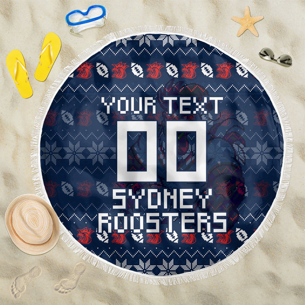 Personalized Sydney Roosters Christmas Beach Blanket Australian Rugby Fans - Pixelated Ugly Xmas Pattern Mascot Santa