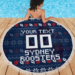 Personalized Sydney Roosters Christmas Beach Blanket Australian Rugby Fans - Pixelated Ugly Xmas Pattern Mascot Santa