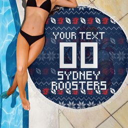 Personalized Sydney Roosters Christmas Beach Blanket Australian Rugby Fans - Pixelated Ugly Xmas Pattern Mascot Santa