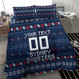 Personalized Sydney Roosters Christmas Bedding Set Australian Rugby Fans - Pixelated Ugly Xmas Pattern Mascot Santa
