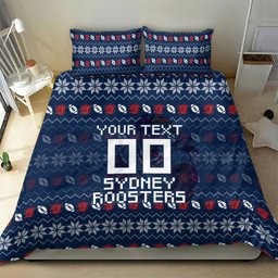 Personalized Sydney Roosters Christmas Bedding Set Australian Rugby Fans - Pixelated Ugly Xmas Pattern Mascot Santa