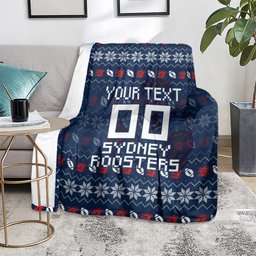 Personalized Sydney Roosters Christmas Blanket Australian Rugby Fans - Pixelated Ugly Xmas Pattern Mascot Santa
