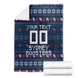 Personalized Sydney Roosters Christmas Blanket Australian Rugby Fans - Pixelated Ugly Xmas Pattern Mascot Santa