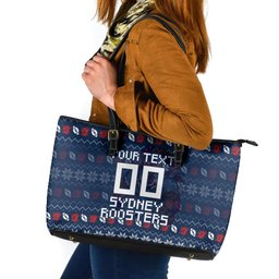Personalized Sydney Roosters Christmas Leather Tote Bag Australian Rugby Fans - Pixelated Ugly Xmas Pattern Mascot Santa