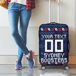 Personalized Sydney Roosters Christmas Luggage Cover Australian Rugby Fans - Pixelated Ugly Xmas Pattern Mascot Santa