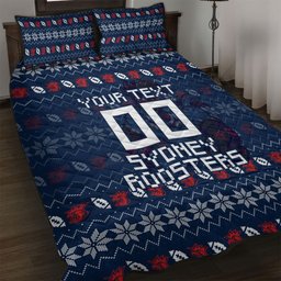 Personalized Sydney Roosters Christmas Quilt Bed Set Australian Rugby Fans - Pixelated Ugly Xmas Pattern Mascot Santa