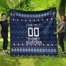 Personalized Sydney Roosters Christmas Quilt Australian Rugby Fans - Pixelated Ugly Xmas Pattern Mascot Santa