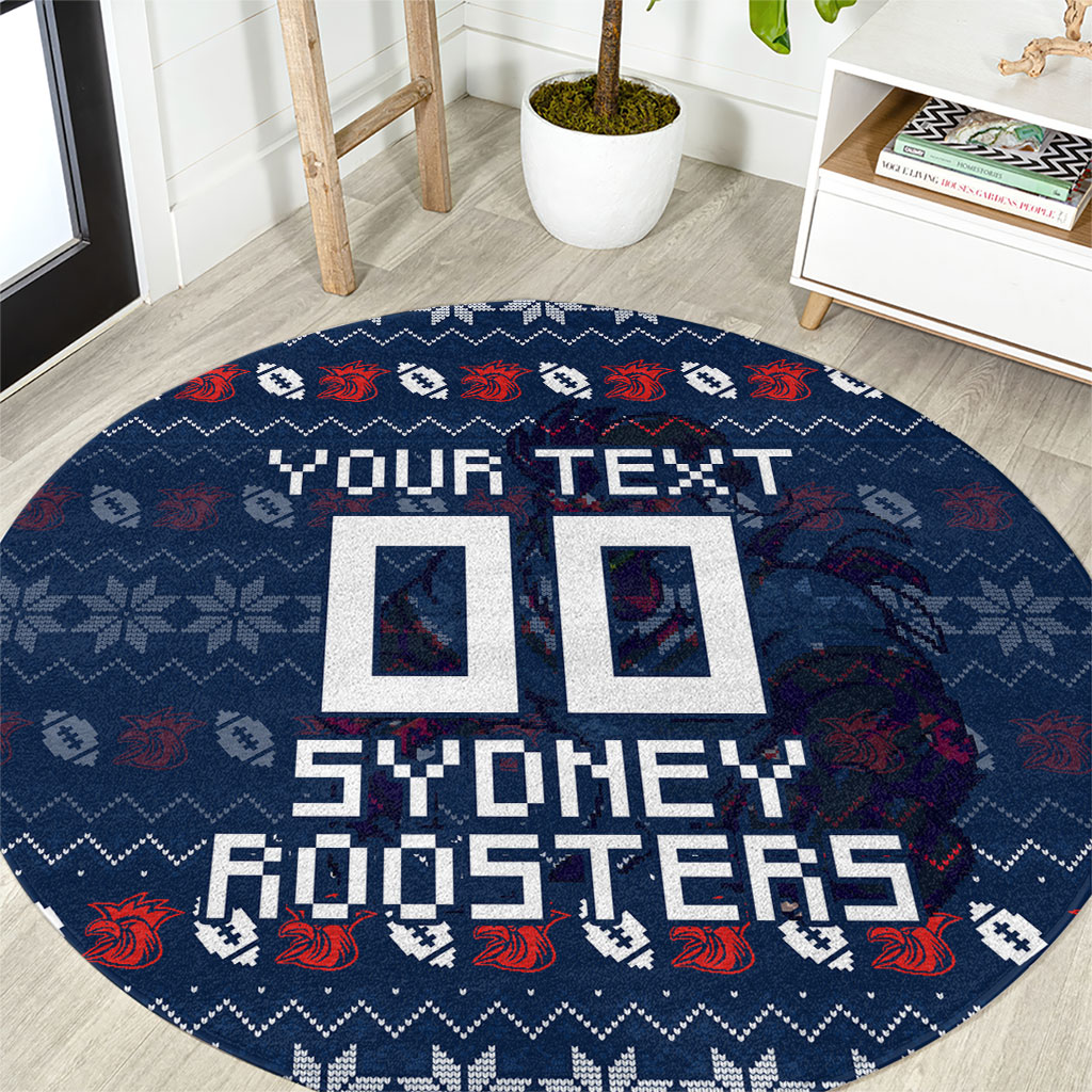 Personalized Sydney Roosters Christmas Round Carpet Australian Rugby Fans - Pixelated Ugly Xmas Pattern Mascot Santa