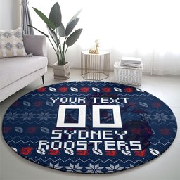 Personalized Sydney Roosters Christmas Round Carpet Australian Rugby Fans - Pixelated Ugly Xmas Pattern Mascot Santa