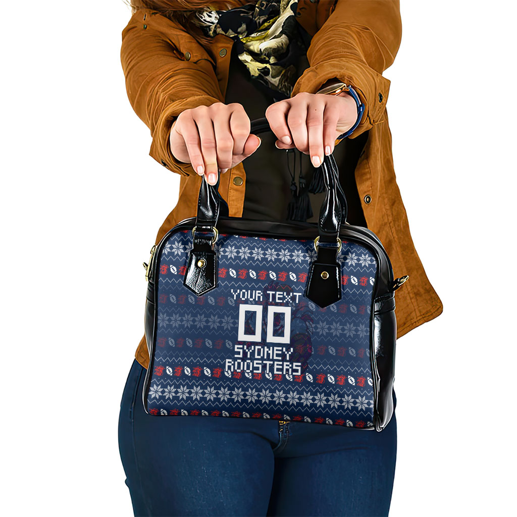 Personalized Sydney Roosters Christmas Shoulder Handbag Australian Rugby Fans - Pixelated Ugly Xmas Pattern Mascot Santa