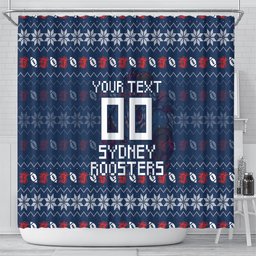 Personalized Sydney Roosters Christmas Shower Curtain Australian Rugby Fans - Pixelated Ugly Xmas Pattern Mascot Santa