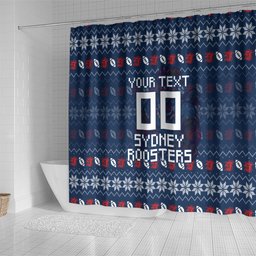 Personalized Sydney Roosters Christmas Shower Curtain Australian Rugby Fans - Pixelated Ugly Xmas Pattern Mascot Santa