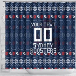 Personalized Sydney Roosters Christmas Shower Curtain Australian Rugby Fans - Pixelated Ugly Xmas Pattern Mascot Santa